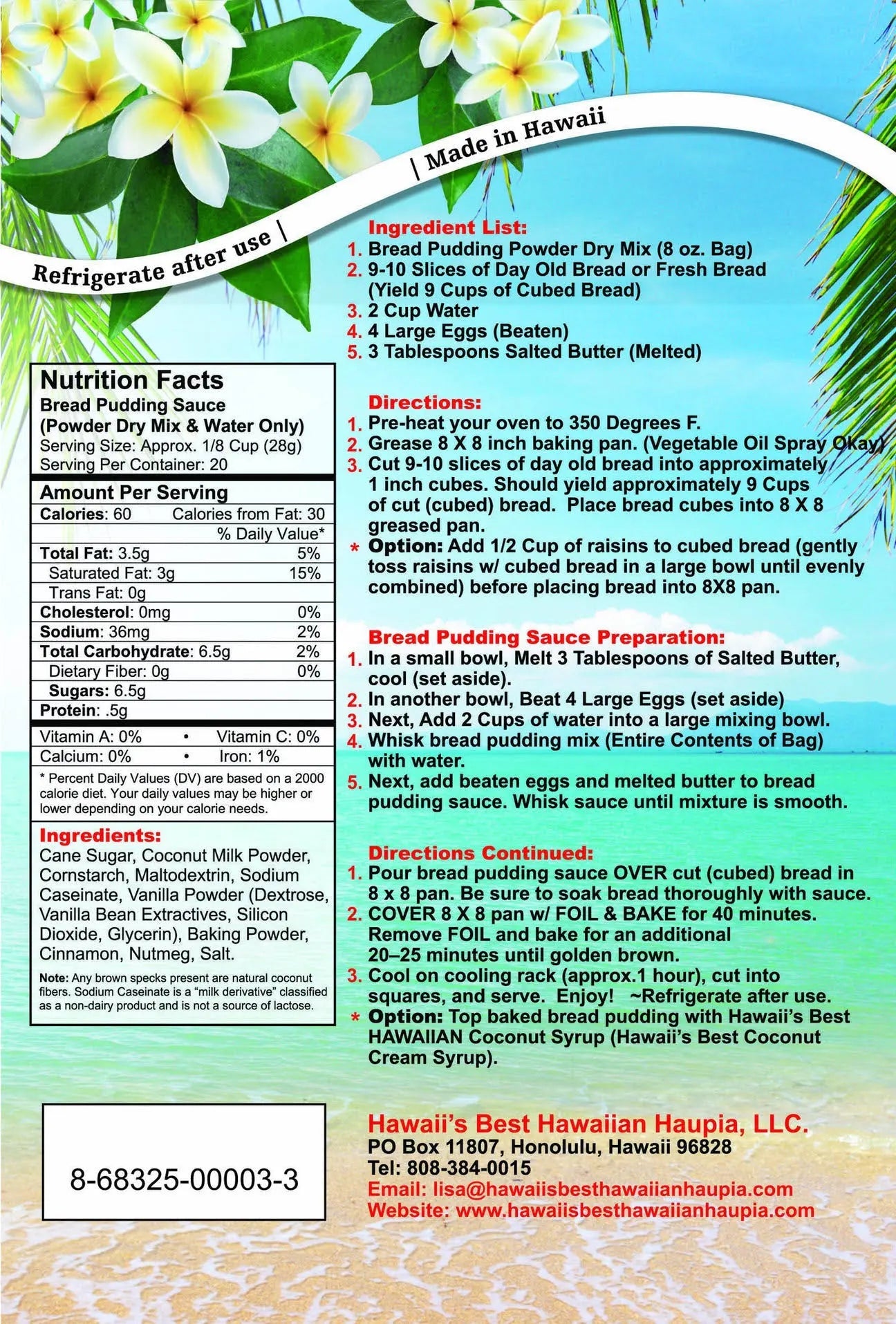 Hawaii's Best Creamy Coconut Bread Pudding Mix - 8 oz