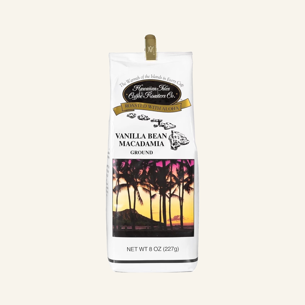 Hawaiian Isles Coffee Light Roast Ground Coffee, Vanilla Bean Macadamia Flavored Coffee, 8 oz