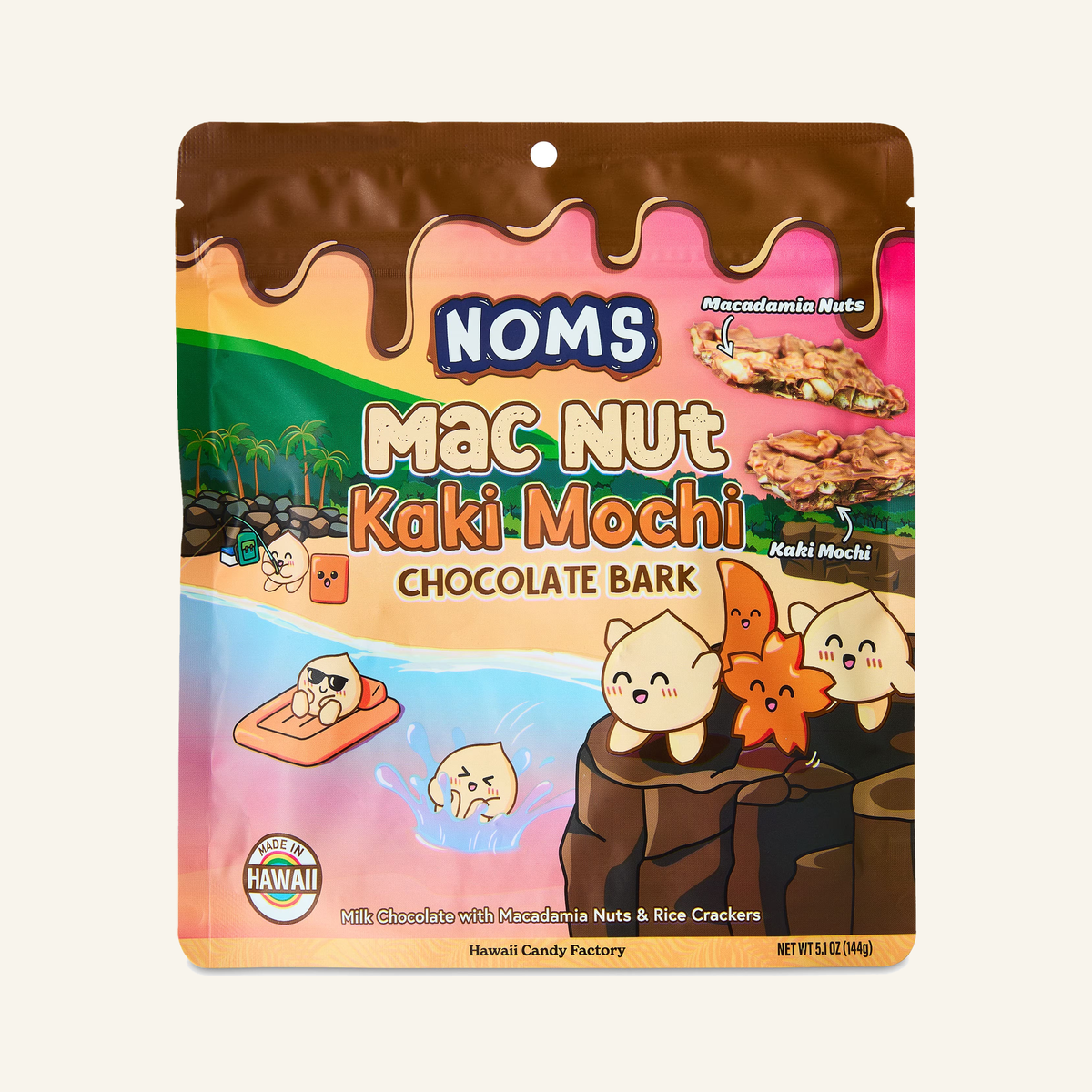 NOMS Mac Nut Kaki Mochi Chocolate Bark, Macadamia and Rice Crackers, 5.1 oz