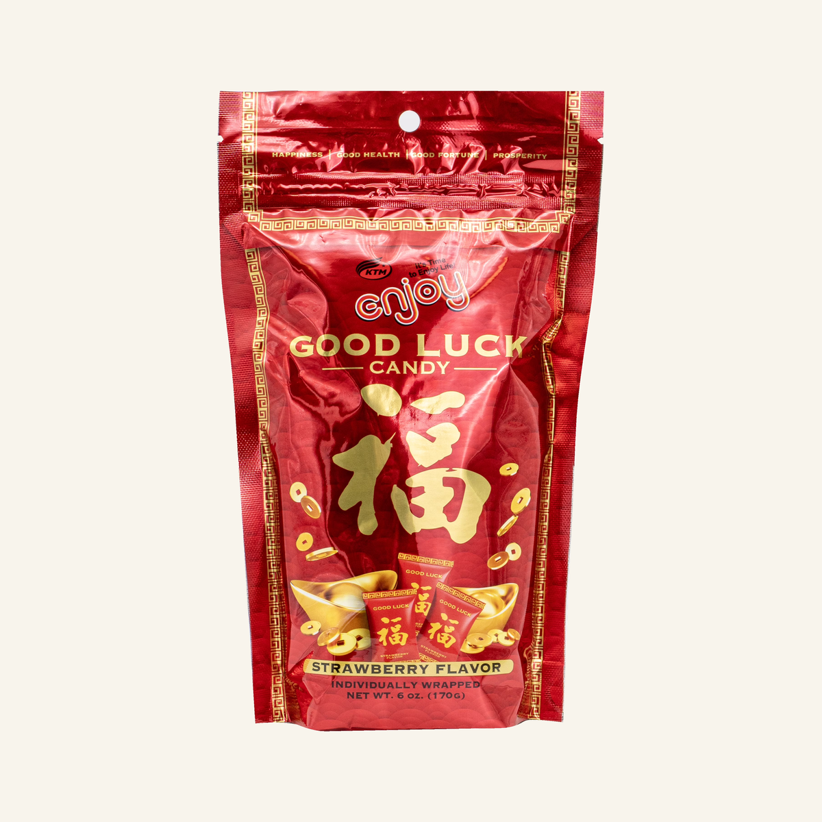 Enjoy Good Luck Candy Strawberry (6 oz), Hard Candy, Resealable Bag, Contains Milk